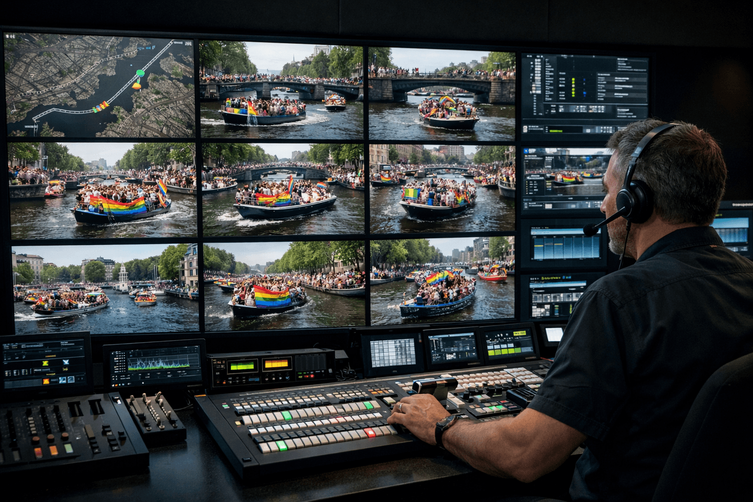 Broadcast control room testing multiple PrideSync feeds