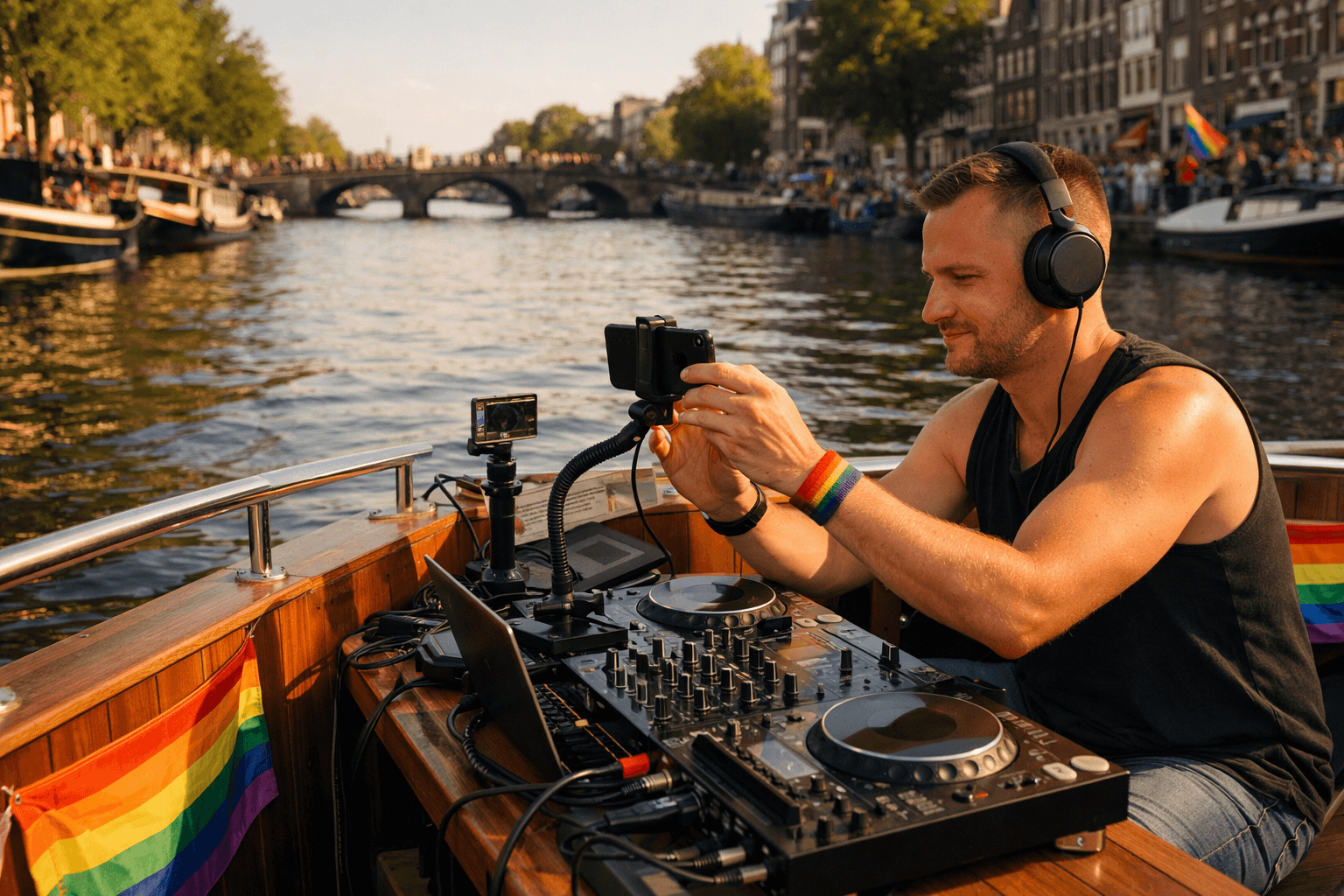 DJ preparing PrideSync audio on a boat during Amsterdam Pride