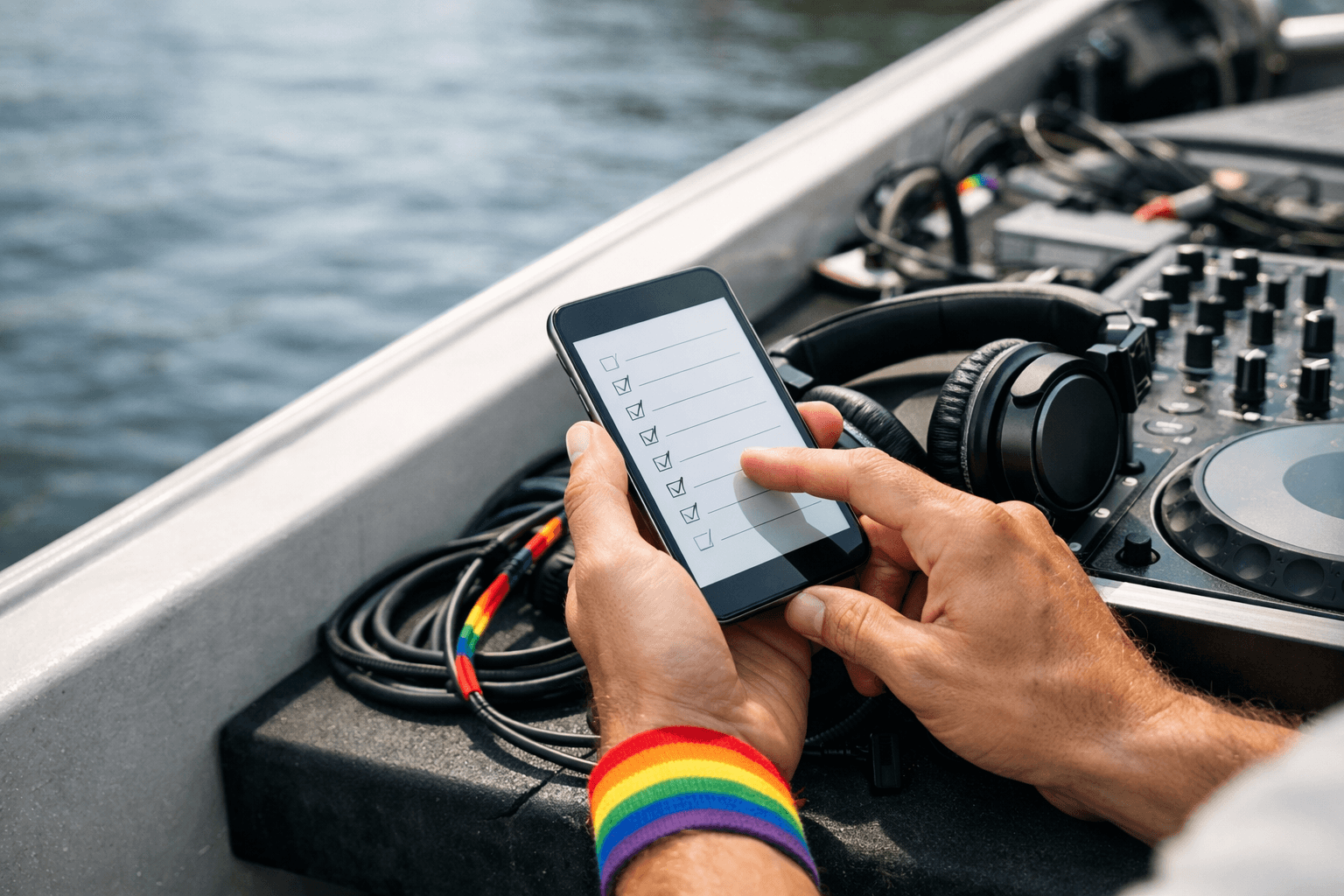 DJ testing a phone-based audio setup before Amsterdam Pride
