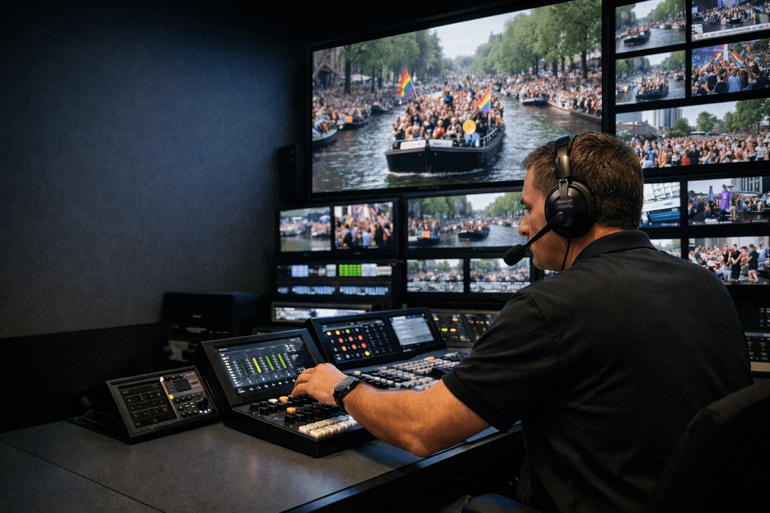 Broadcast operator monitoring and selecting live Pride audio