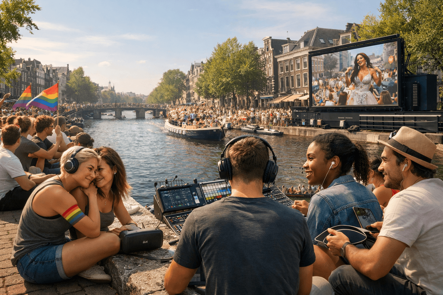 Pride audience and operators using coordinated live audio during Amsterdam Pride