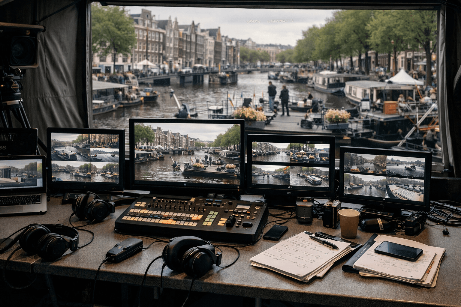 Broadcast rehearsal workspace with multiple monitored canal feeds