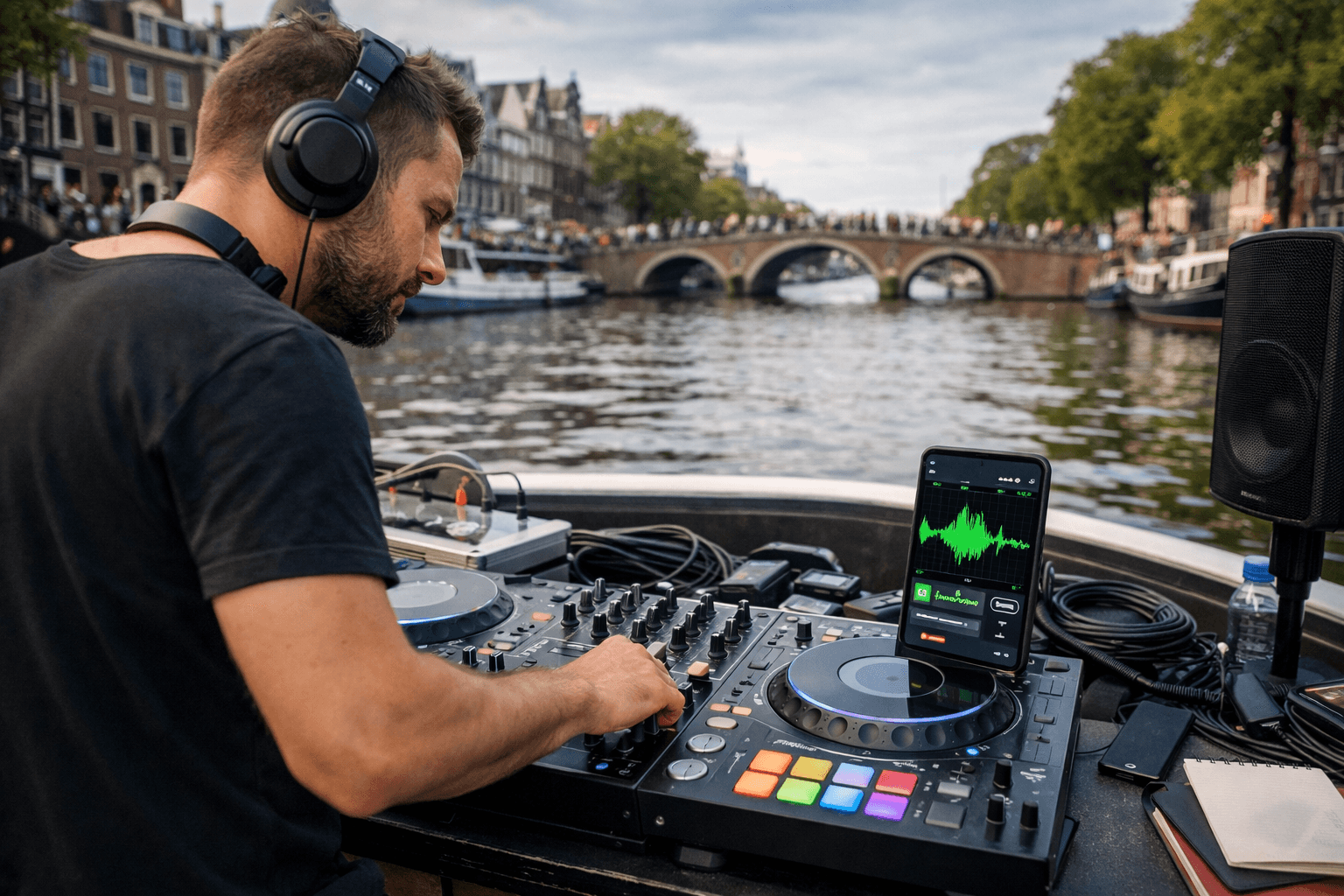Boat DJ checking stream quality and latency before the event