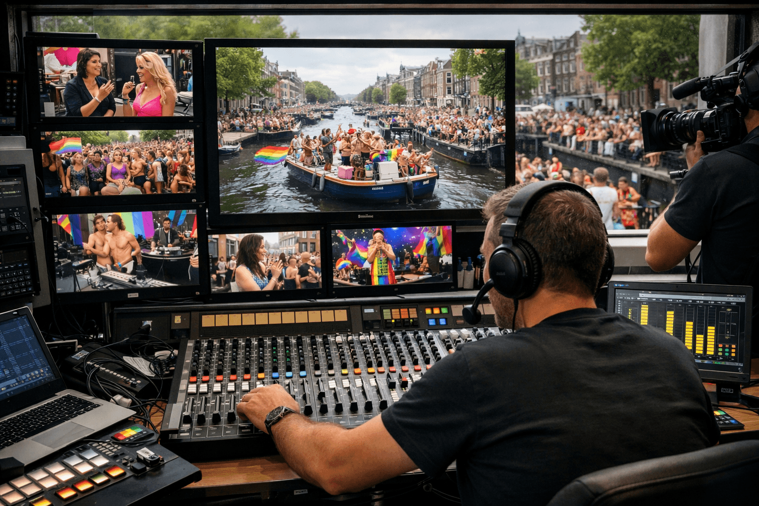 Editorial control moment in a live Amsterdam Pride broadcast setup