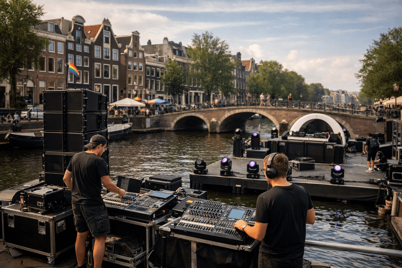 Venue team testing playback before Amsterdam Pride begins