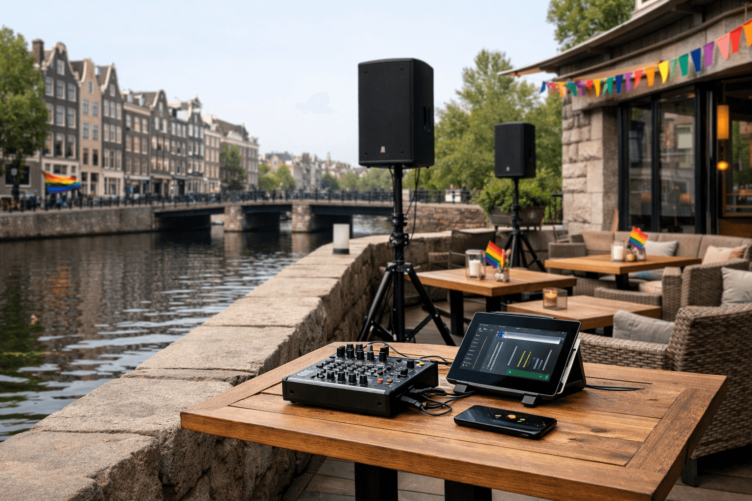 Canal-side venue testing speakers and playback before Amsterdam Pride