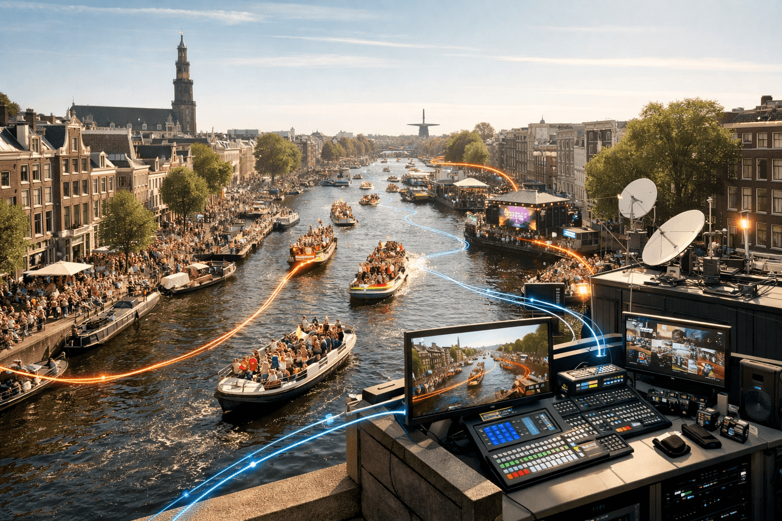 Amsterdam Pride route with production and audio coordination atmosphere