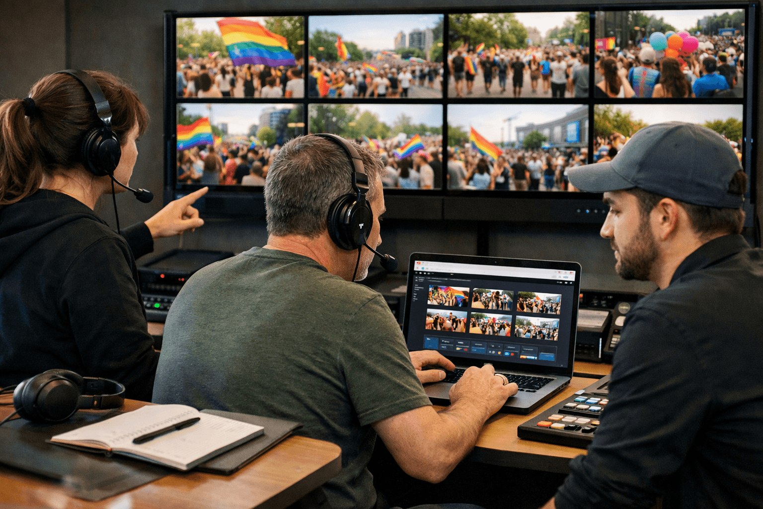 Broadcast team testing the PrideSync workflow in advance