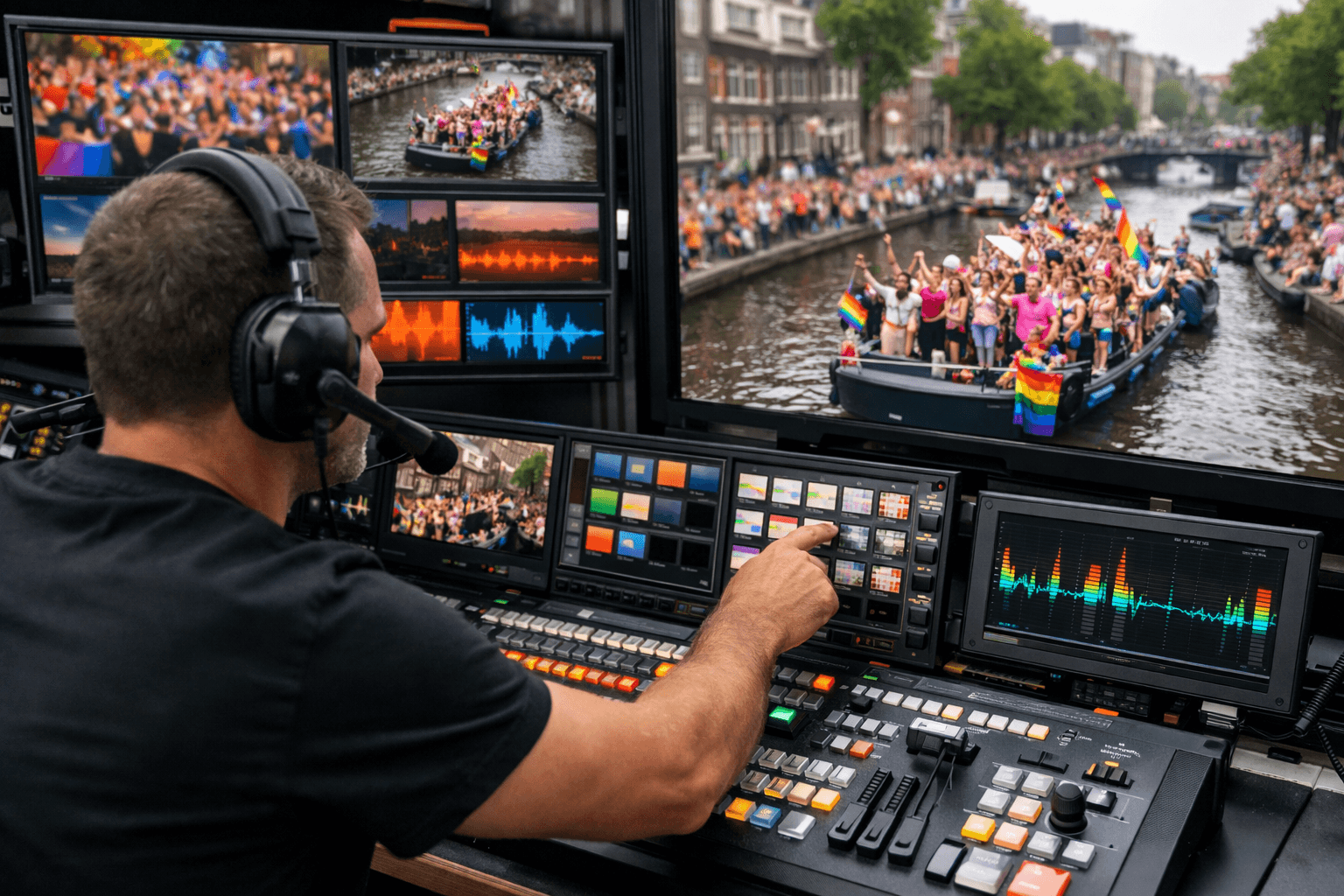 Broadcast operator connecting live parade picture with the right sound