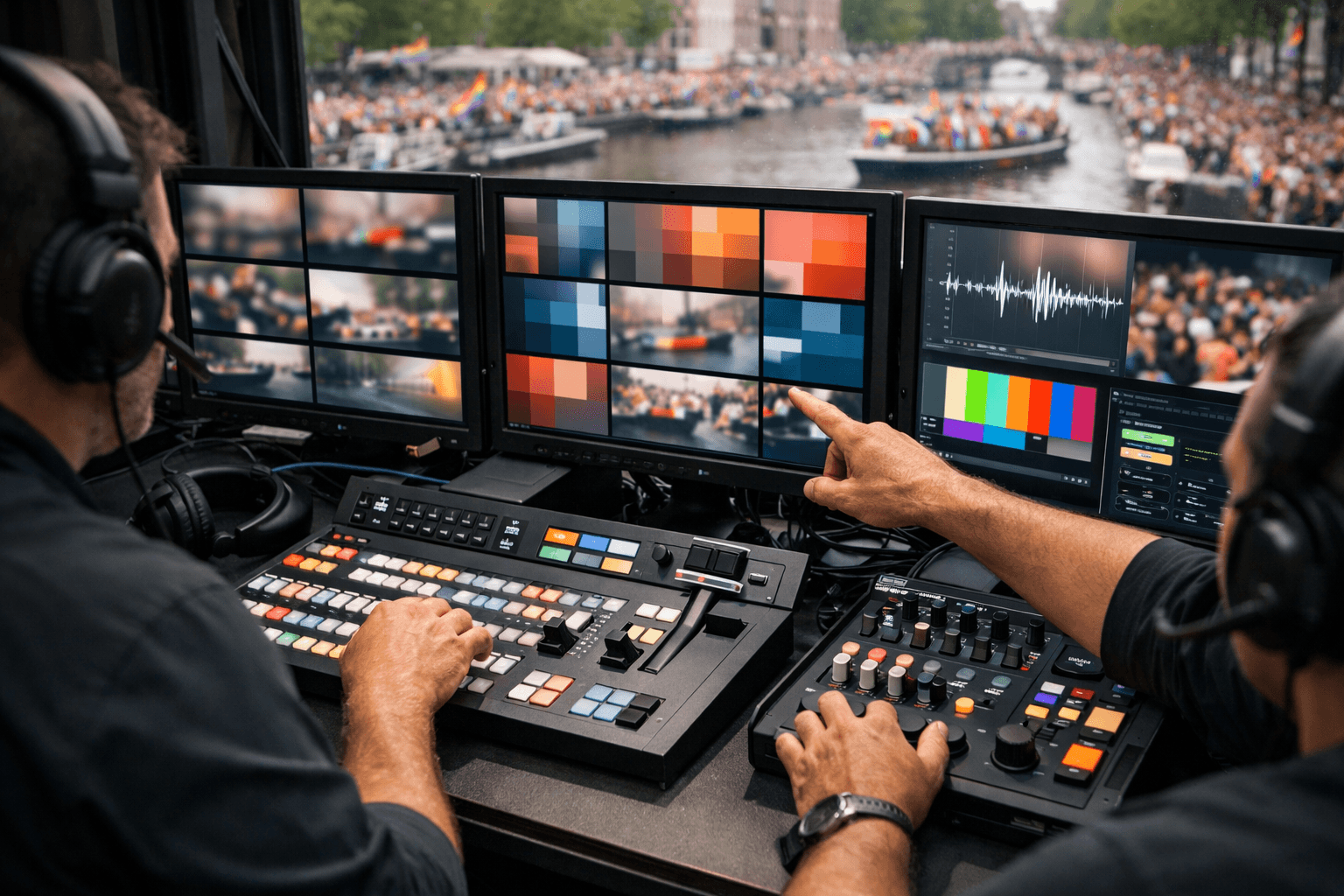 Broadcast operators preparing and testing the reviewed control workflow