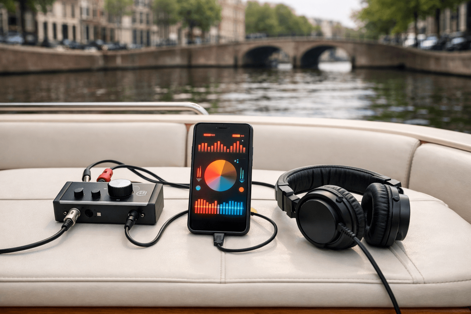 Simple boat DJ setup with a smartphone and compact audio gear