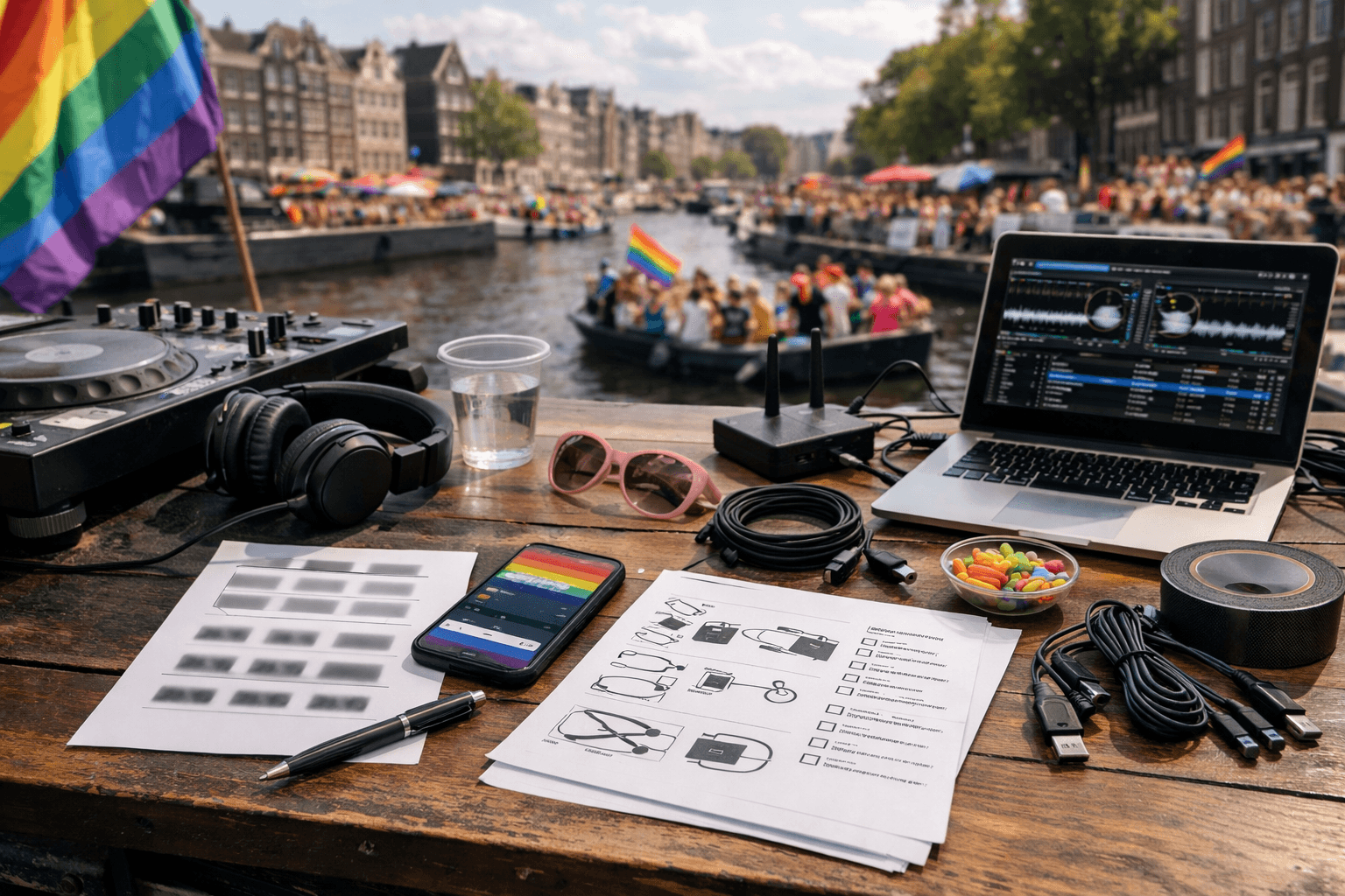 DJ prep table with claim code, setup links, and connectivity checklist
