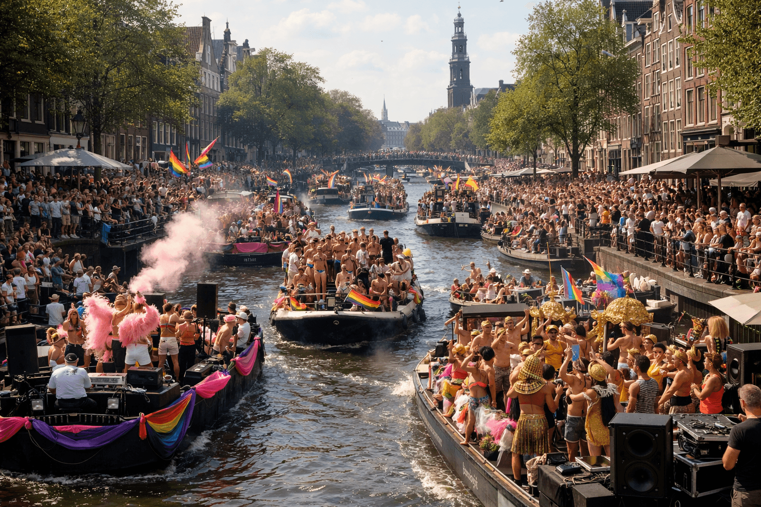 Busy Amsterdam Pride canal with multiple boats and route-side sound pressure