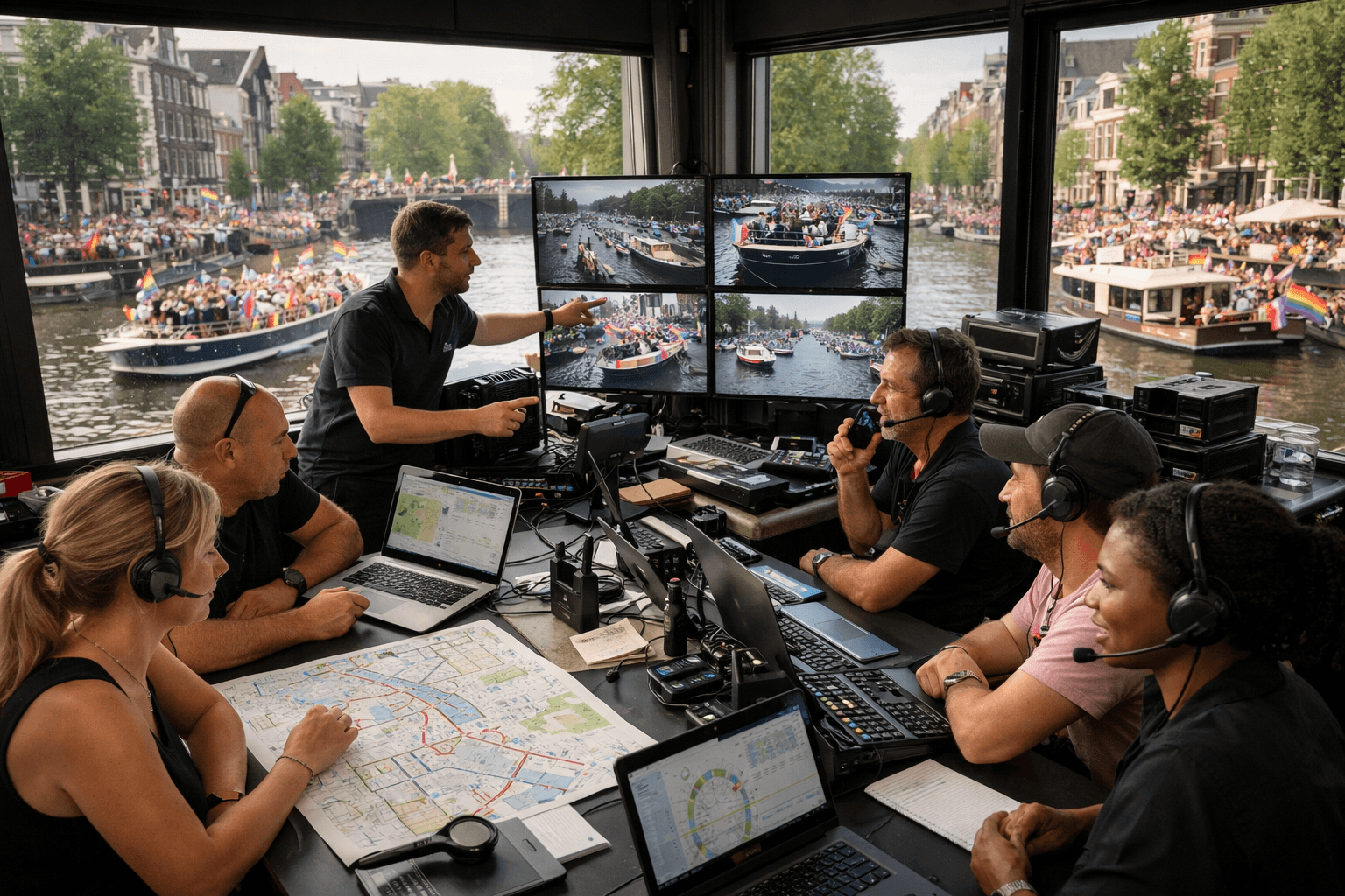Coordinated Pride production team managing route audio across roles