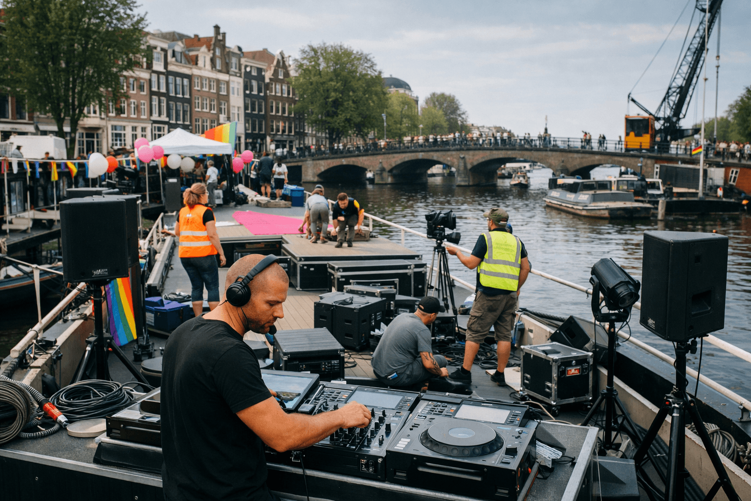 Pre-event preparation scene for Amsterdam Pride DJs, venues, and production crew