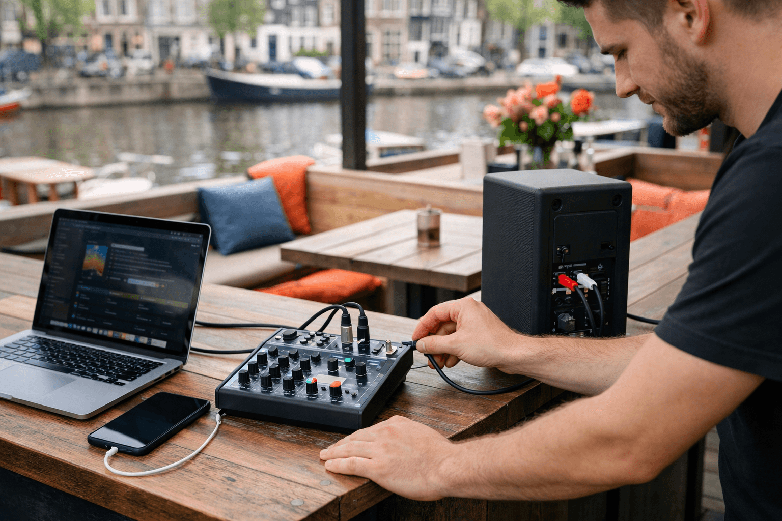 Venue staff preparing a browser device and audio connection