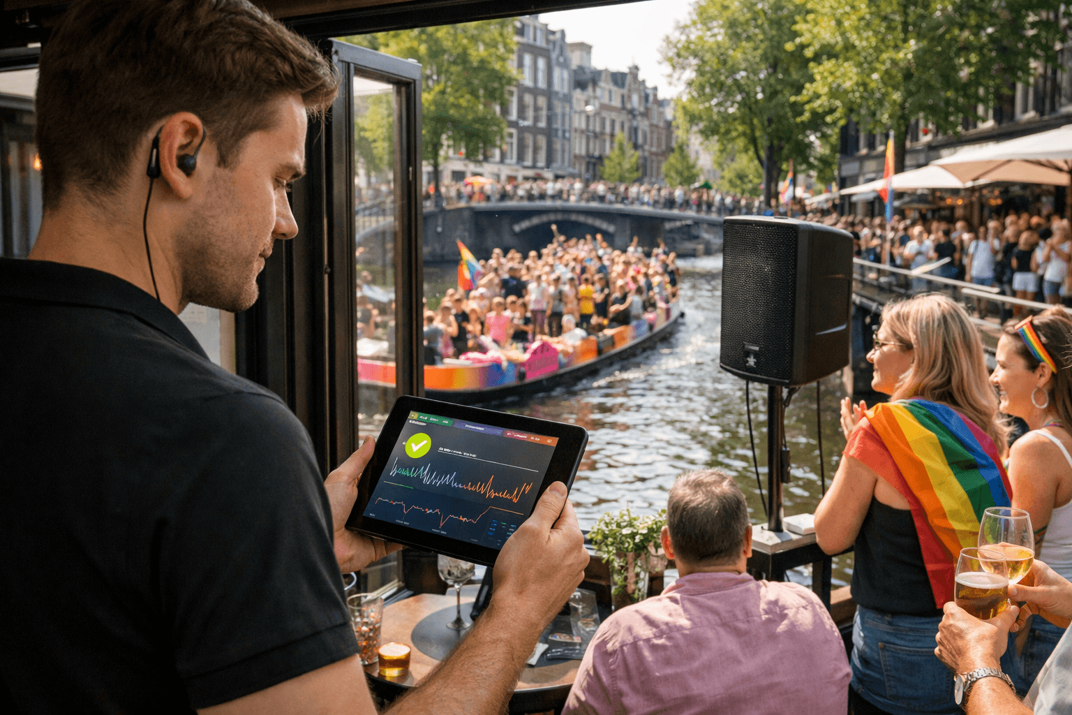 Venue playing live PrideSync parade audio for guests