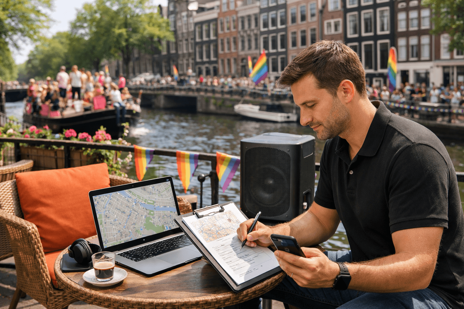 Venue manager preparing route-side address and playback details before requesting access